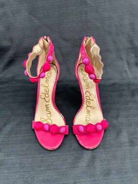 Sam Edelman Addison Pom Pom Open Toe Zip Back High Heel Shoes 6M